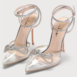 Lulu's Lullie Silver Vinyl Rhinestone Ankle Strap Pointed-Toe Pumps Heels